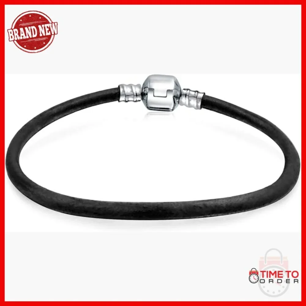 Sterling Silver Leather Charm Bracelet 6.5 Inches Starter European Beads